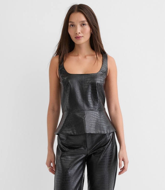 Embossed Faux Leather Peplum Bustier Top