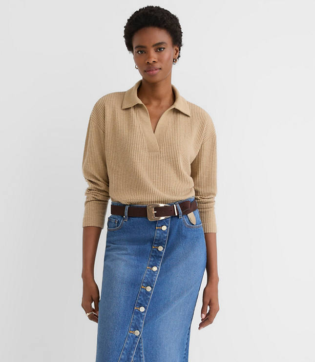 Melange Waffle Collared V-Neck Top