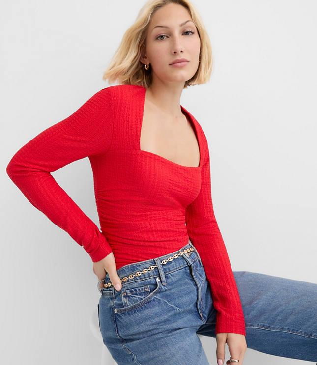 Petite Textured Ruched Square Neck Top