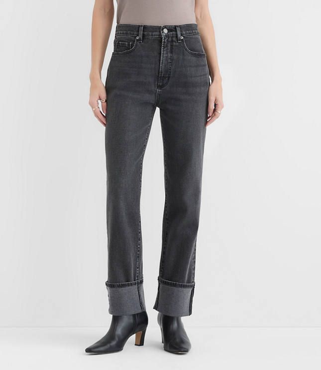 Rivete Cuffed High Rise Straight Jeans in Noir Wash