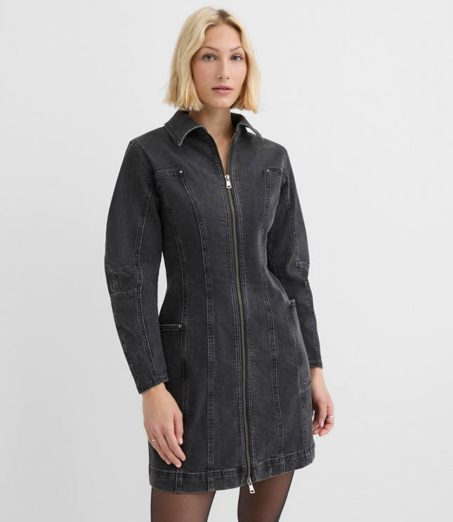 Petite Seamed Denim Zip Mini Pocket Dress in Washed Black