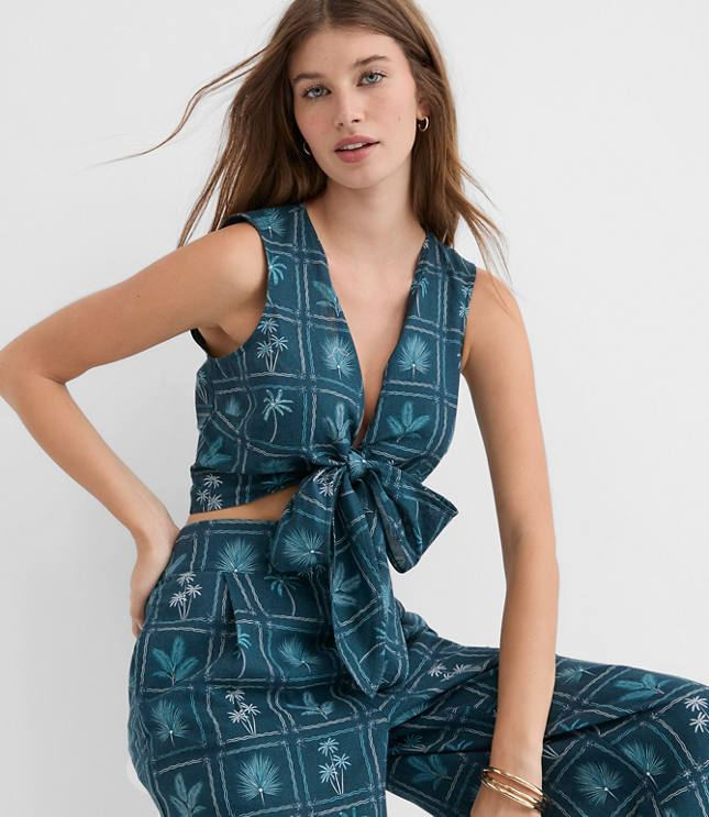 LOFT Beach Palm Linen Cotton Tie Front Top