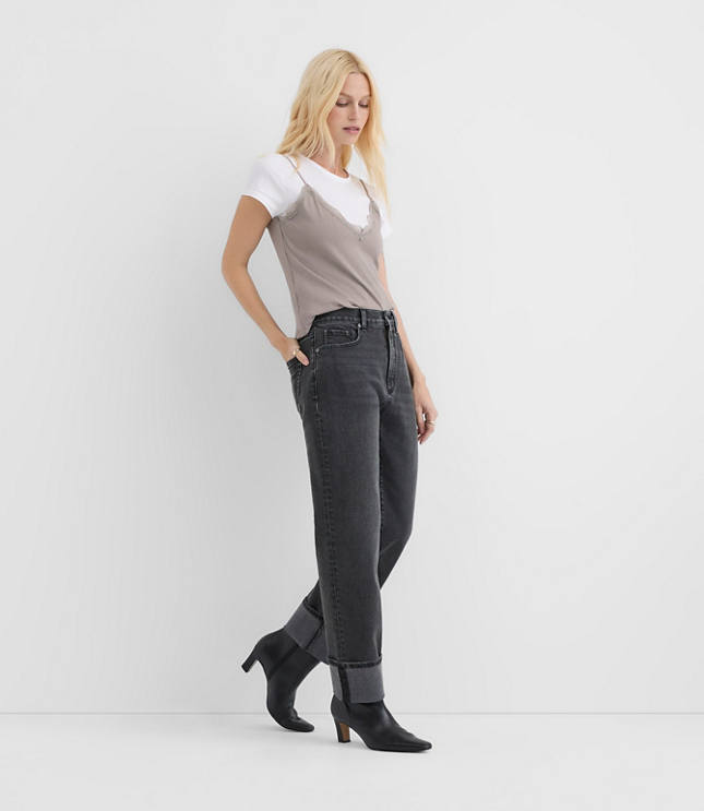 Rivete Petite Cuffed High Rise Straight Jeans in Noir Wash