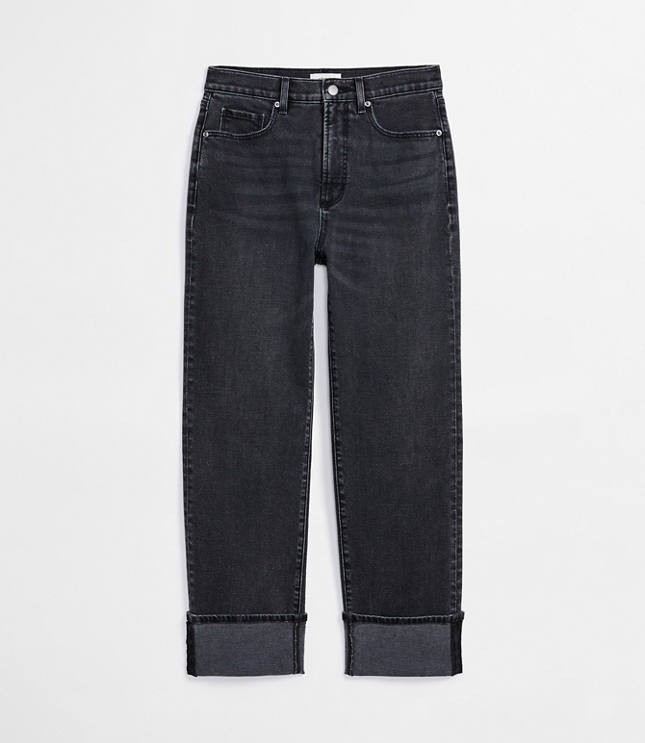 Rivete Petite Cuffed High Rise Straight Jeans Noir Wash