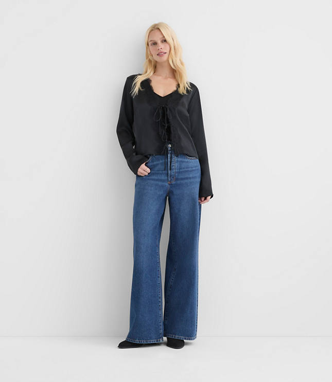 Rivete Petite High Rise Relaxed Wide Leg Jeans in Mid Wash
