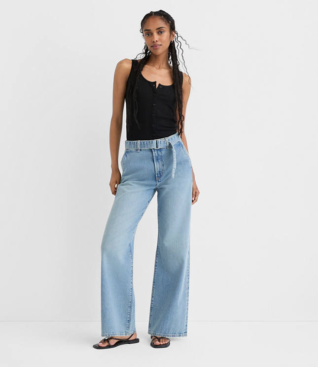 Rivete Belted High Rise Wide Leg Jeans Light Wash