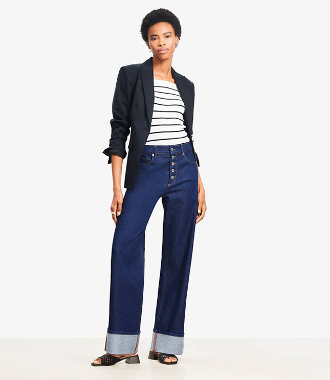 Petite Cuffed High Rise Wide Leg Jeans in Rinse Wash