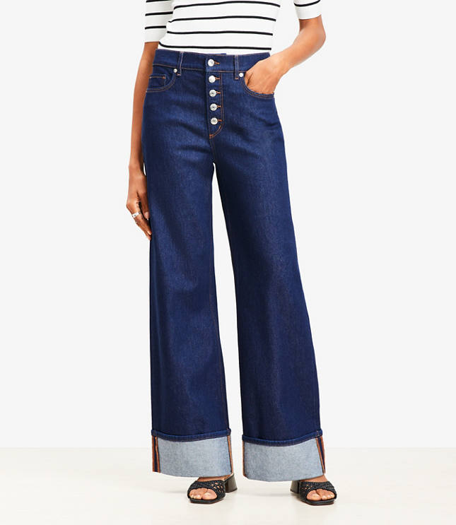 Petite Cuffed High Rise Wide Leg Jeans in Rinse Wash