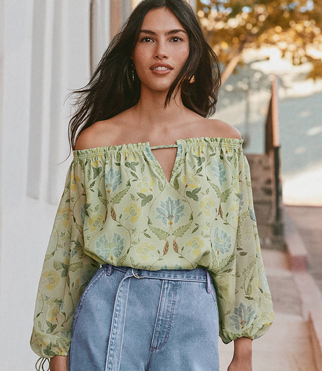 Petite Floral Tie Cuff Off The Shoulder Blouse