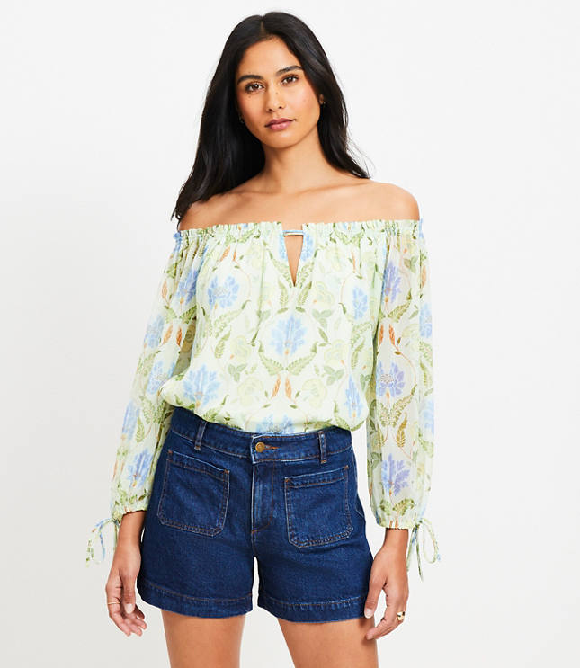 Petite Floral Tie Cuff Off The Shoulder Blouse