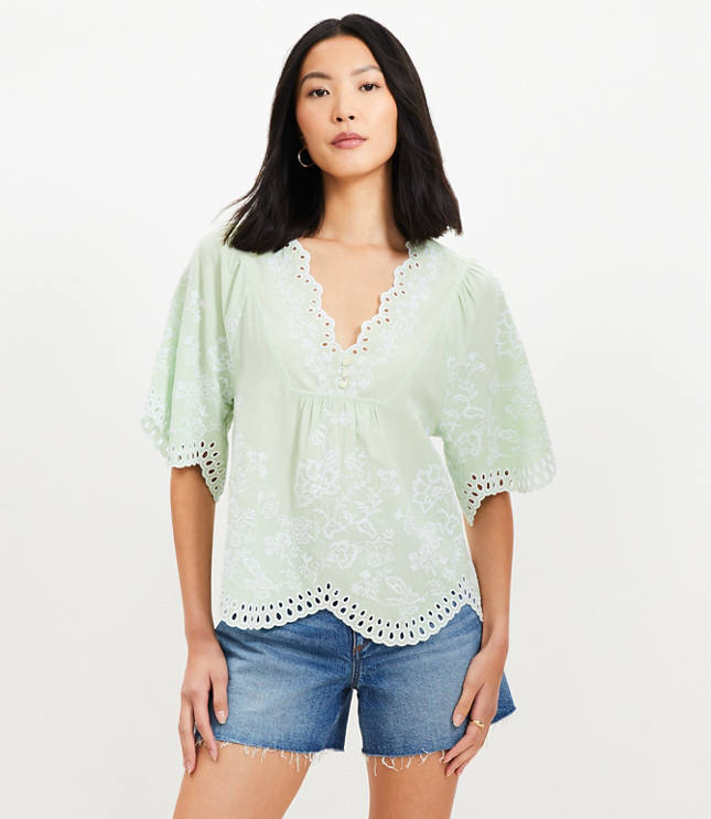 Petite Floral Eyelet V-Neck Blouse