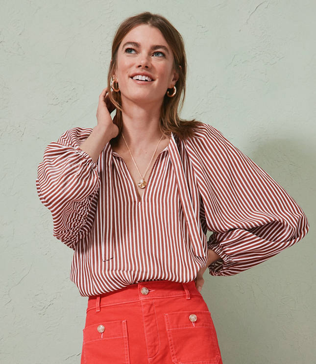 Petite Striped Ruched Sleeve Blouse