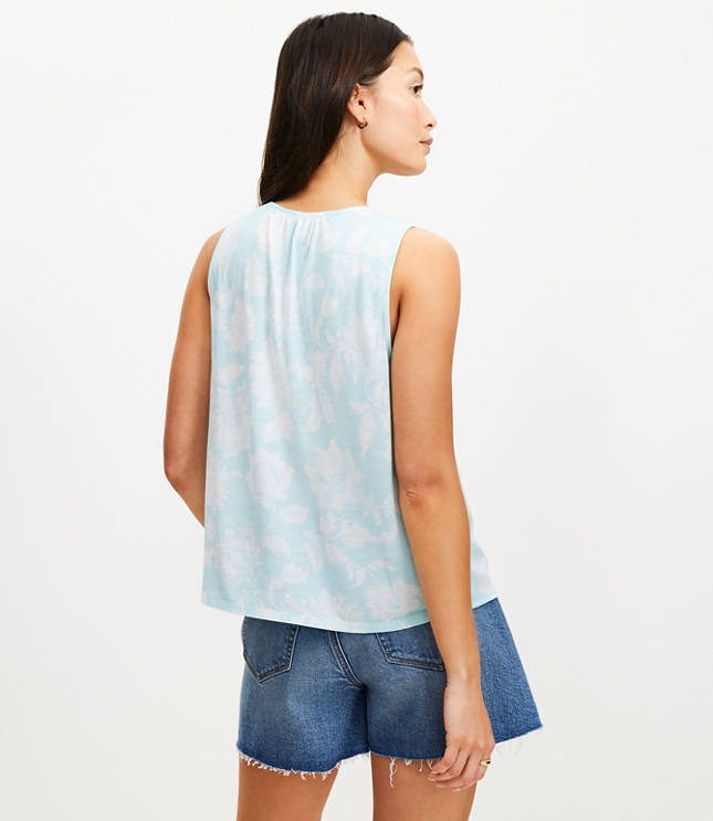 Floral Cutout Tie Neck Mixed Media Shell