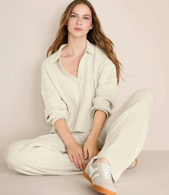 Lou & Grey Heathered Ribbed Collared Sweater