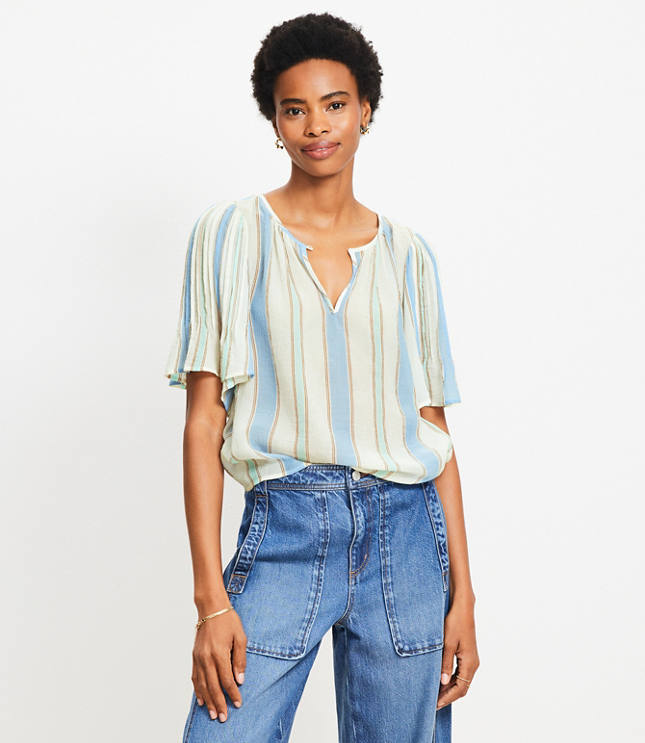 Petite Stripe Pleated Sleeve Blouse