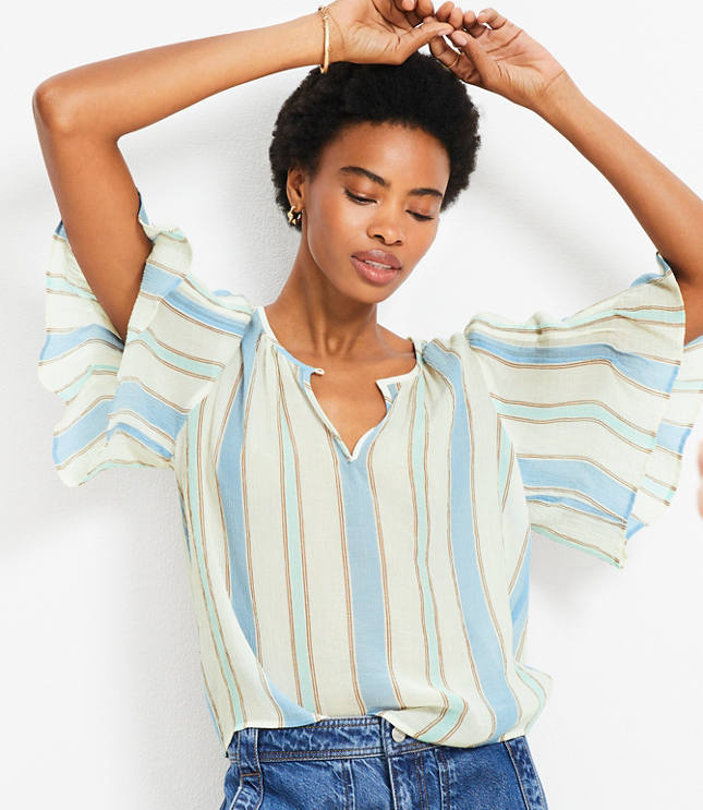 Petite Stripe Pleated Sleeve Blouse