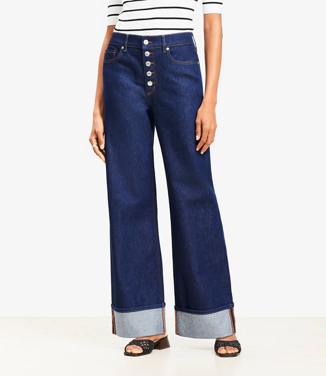 Petite Curvy Cuffed High Rise Wide Leg Jeans in Rinse Wash