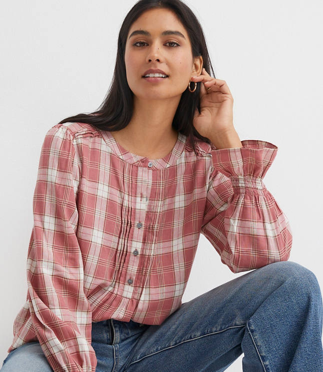 Plaid Pleated Henley Blouse