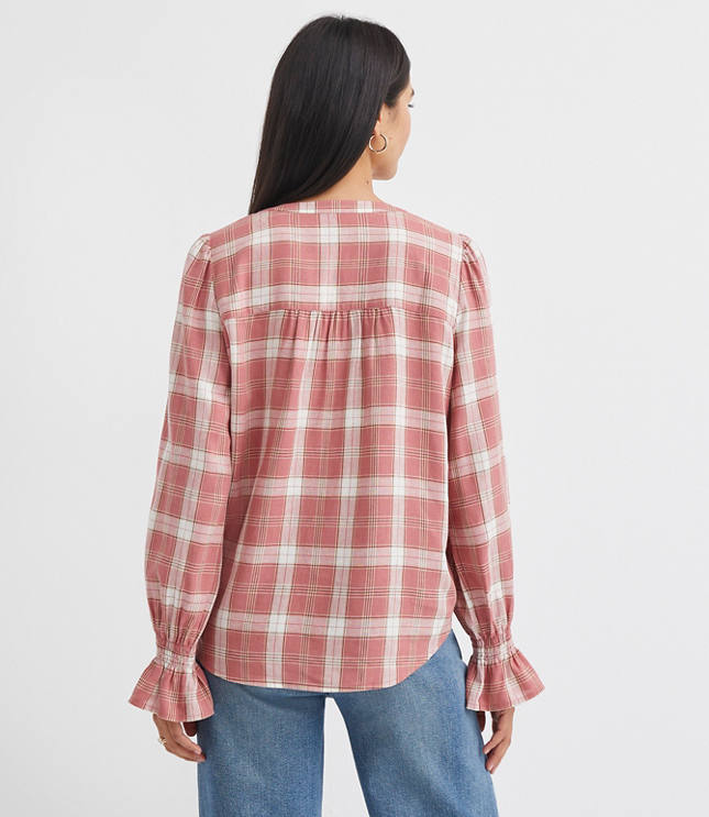 Plaid Pleated Henley Blouse