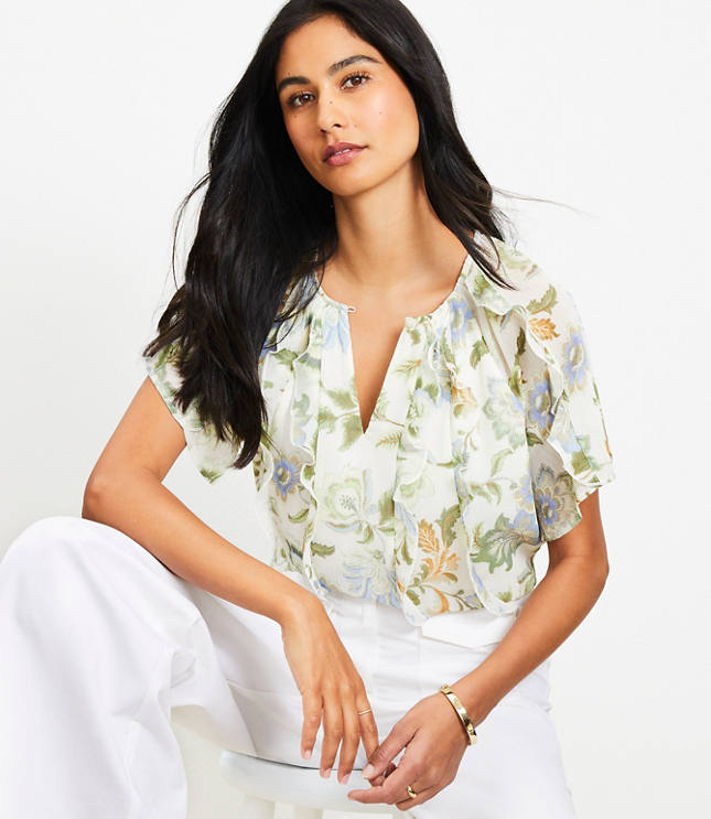 Petite Floral Ruffle Flutter Sleeve Top