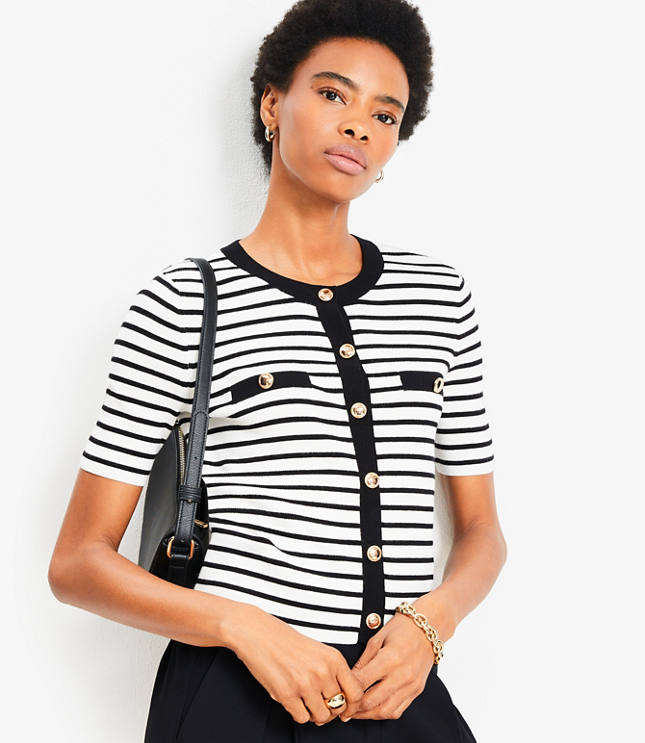 Petite Stripe Ribbed Short Sleeve Cardigan