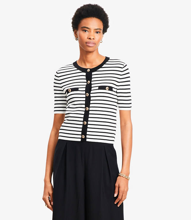 Petite Stripe Ribbed Short Sleeve Cardigan