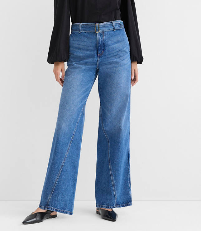 Belted Slim Wide Leg Jeans in Bright Medium Stone Wash