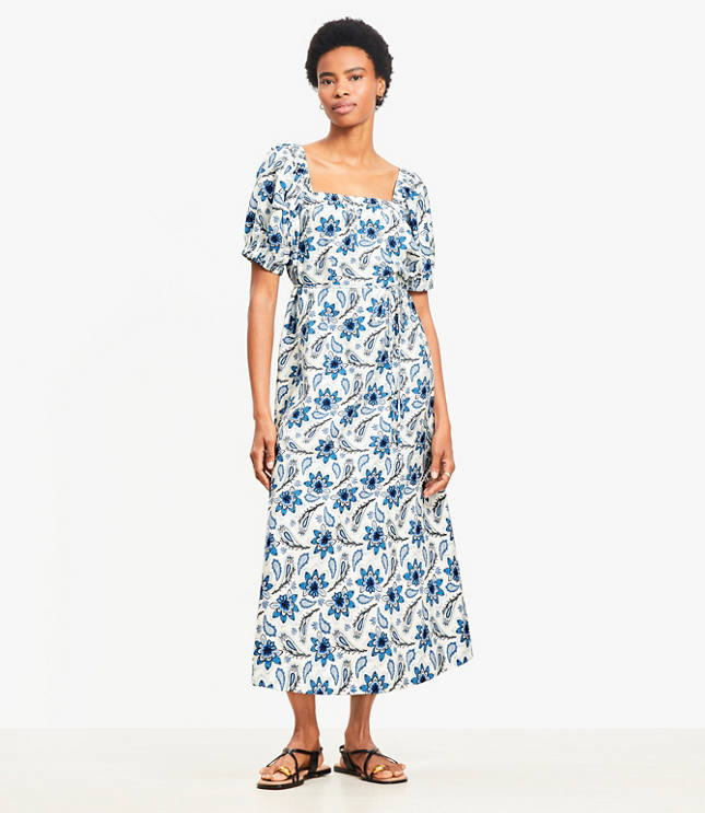 Petite Paisley Smocked Square Neck Midi Dress