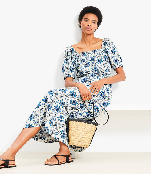 Petite Paisley Smocked Square Neck Midi Dress
