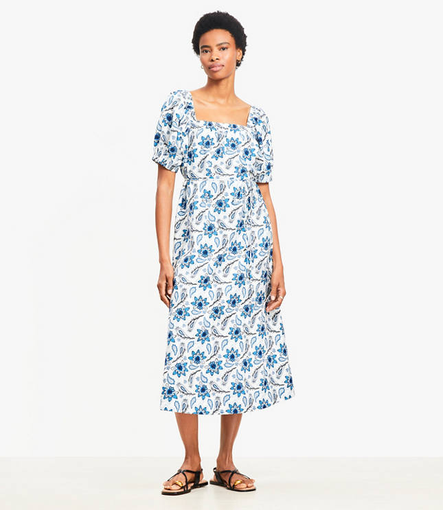 Petite Paisley Smocked Square Neck Midi Dress
