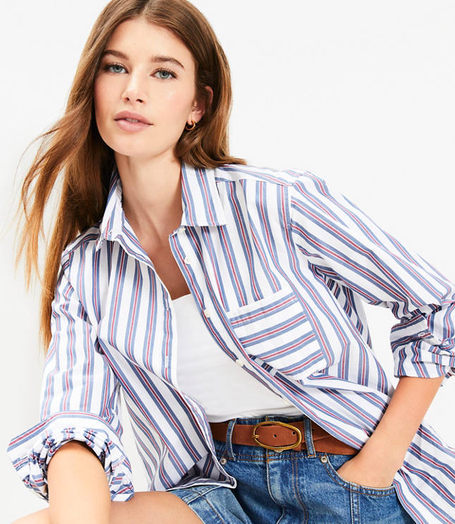 Petite Striped Poplin Everyday Relaxed Pocket Shirt