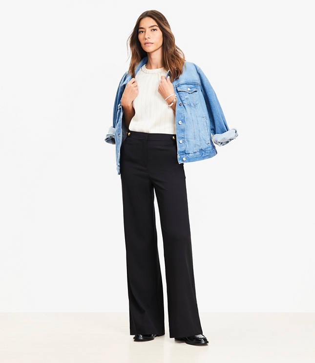 Petite Tab Waist Wide Leg Pants Twill