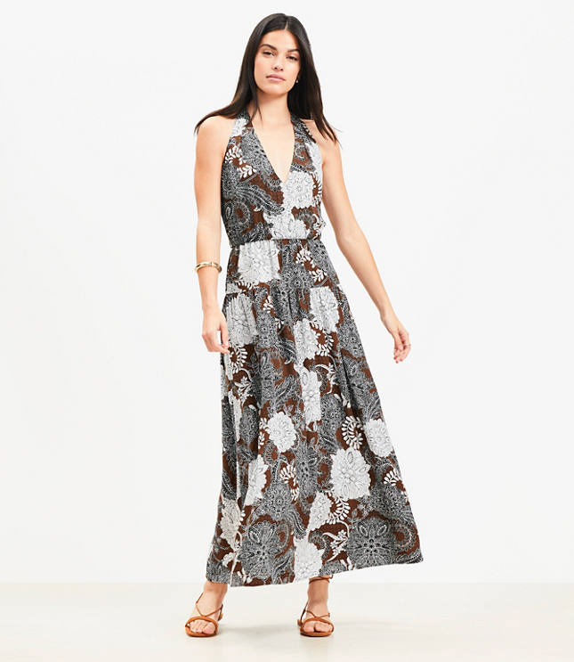 Petite Floral Halter Maxi Pocket Dress