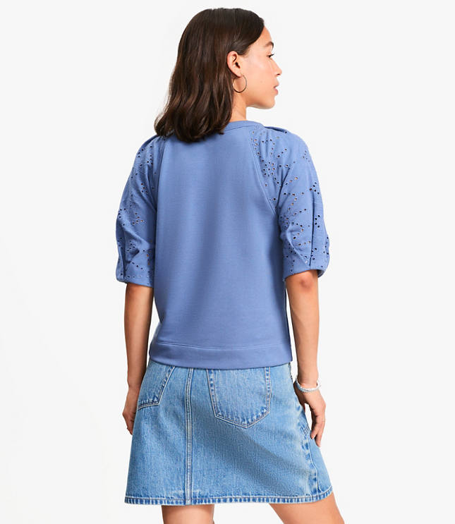 Eyelet Mixed Media Short Sleeve Sweatshirt