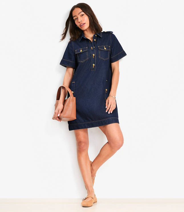 Petite Denim Mini Pocket Dress in Classic Rinse Wash