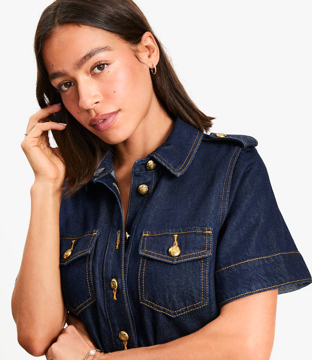 Petite Denim Mini Pocket Dress in Classic Rinse Wash