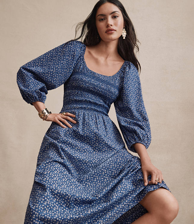 Petite Garden Clip Smocked Midi Dress