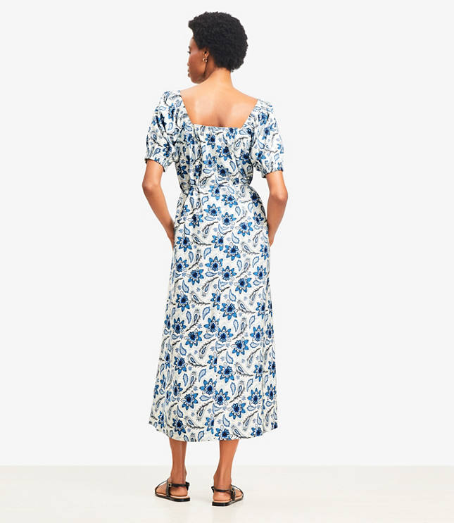 Paisley Smocked Square Neck Midi Dress