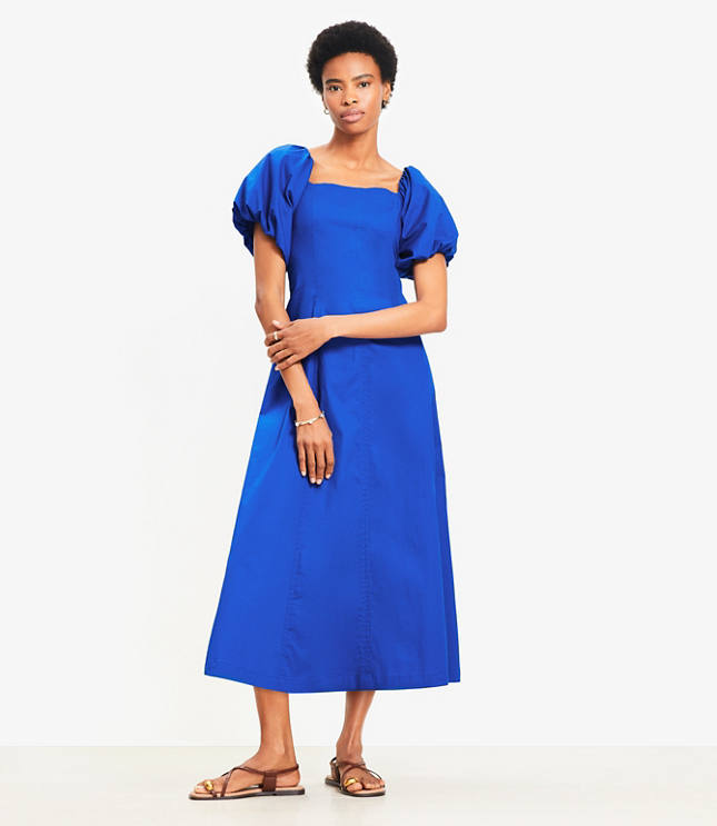 Petite Seamed Puff Sleeve Midi Pocket Dress