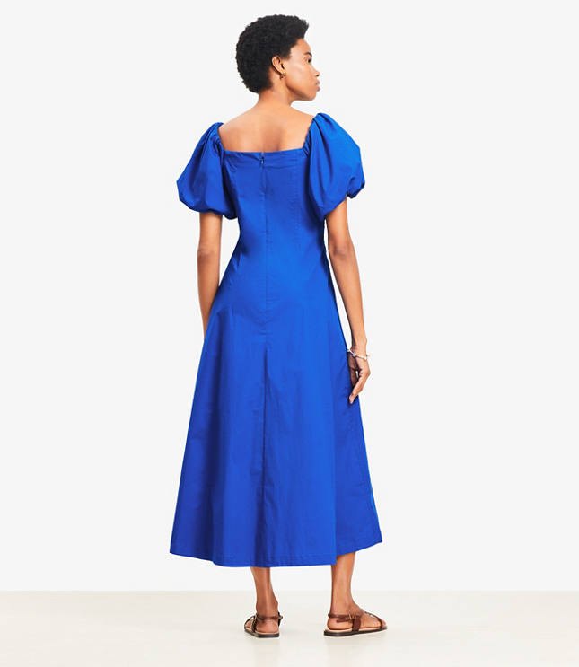 Petite Seamed Puff Sleeve Midi Pocket Dress