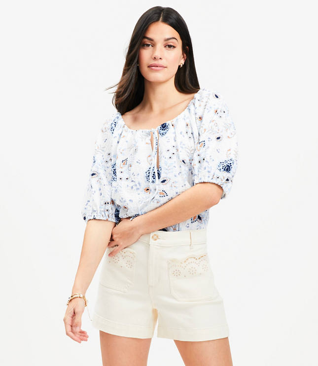 Petite Floral Tie Neck Bubble Sleeve Top