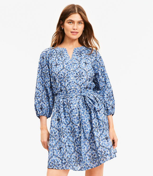 Petite Floral Embroidered Split Neck Mini Shirtdress