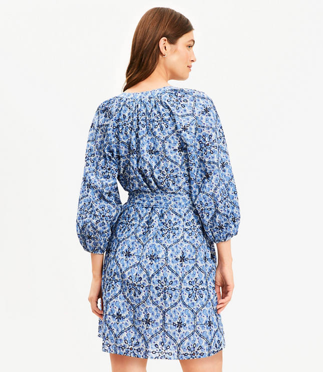 Petite Floral Embroidered Split Neck Mini Shirtdress
