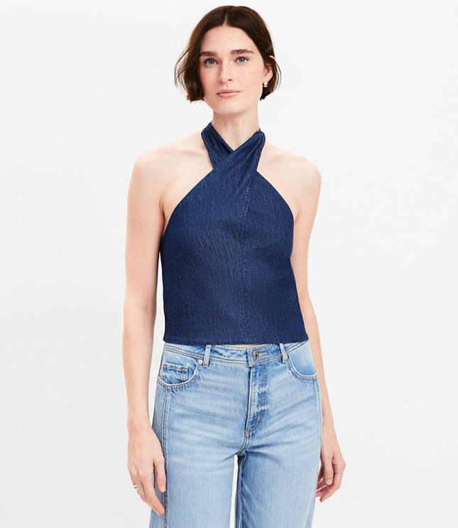 Petite Chambray Crossover Halter Top