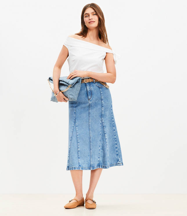 Denim Trumpet Midi Skirt in Authentic Vintage Mid Wash