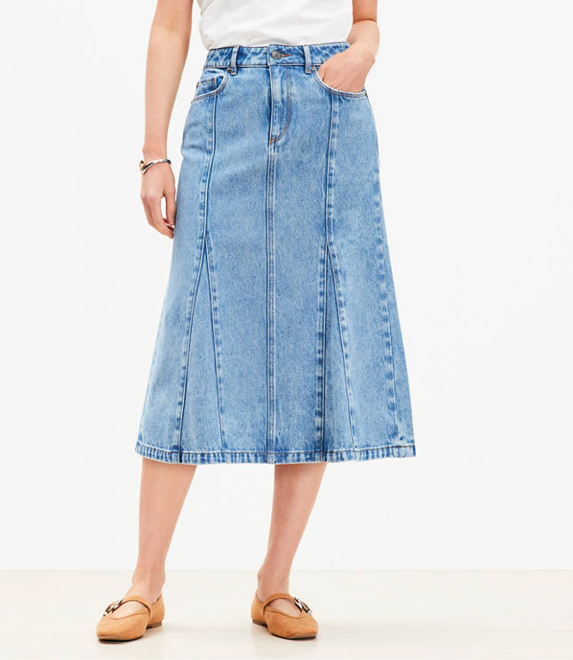 Denim Trumpet Midi Skirt in Authentic Vintage Mid Wash
