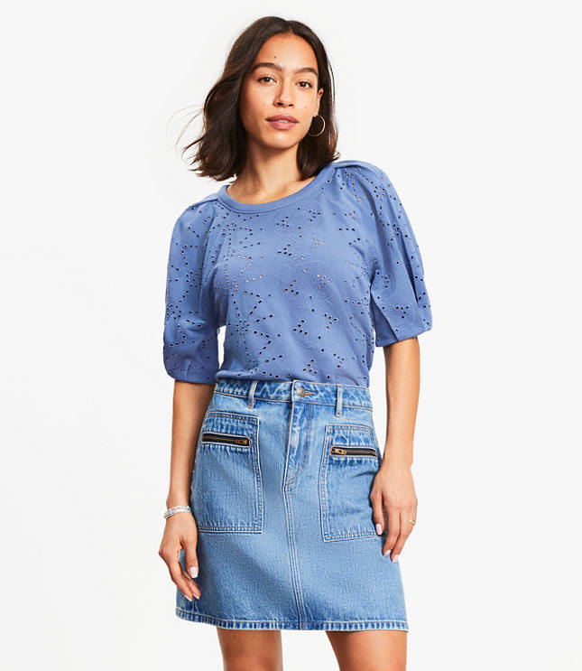 Petite Eyelet Mixed Media Short Sleeve Sweatshirt