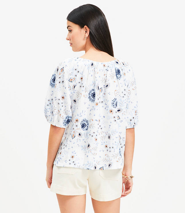 Floral Tie Neck Bubble Sleeve Top