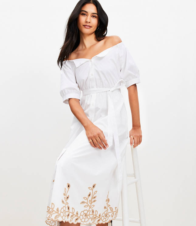 Petite Off The Shoulder Midi Pocket Shirtdress