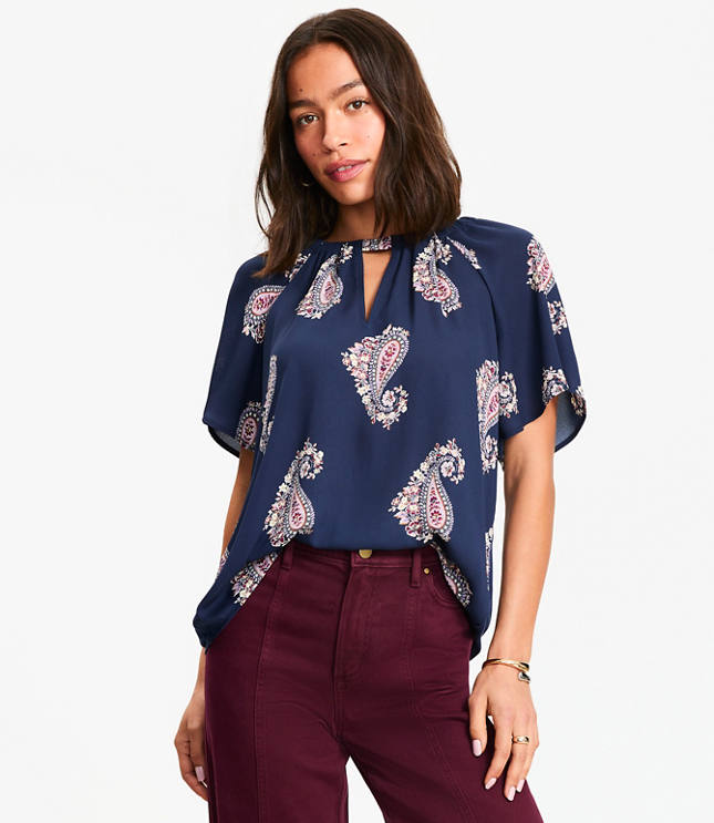 Petite Paisley Cutout Mixed Media Blouse